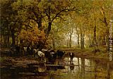 Pond Canvas Paintings - Watering Cows in a Pond